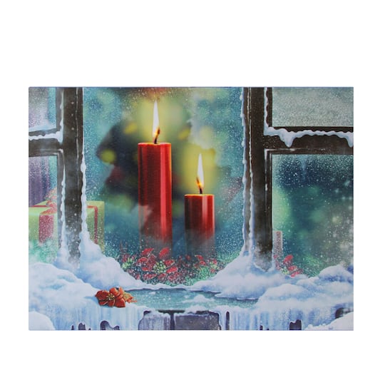 LED Lighted Snowy Window Pane And Candles Christmas Canvas Wall Art